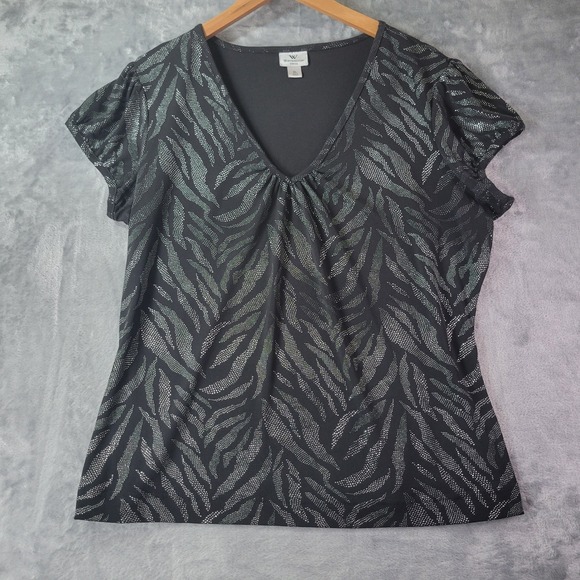 Worthington Tops - Worthington‎ Womens Black Metallic Animal Print Stretch Evening Top XL V-Neck
